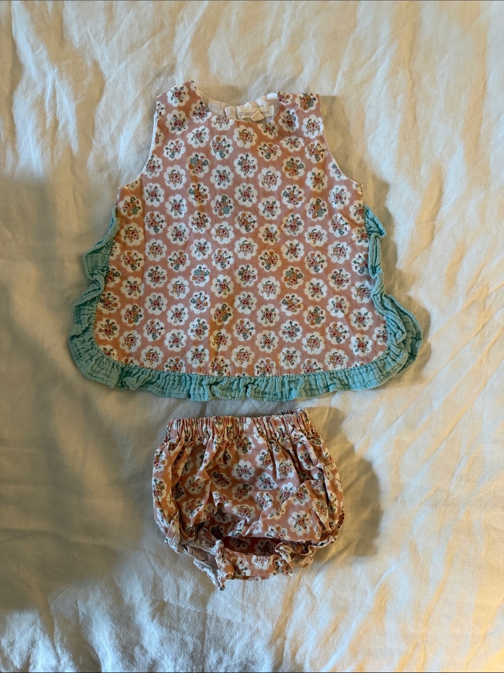 Girls Pink Floral Tank & Bloomers Set with Mint Ruffle Trim